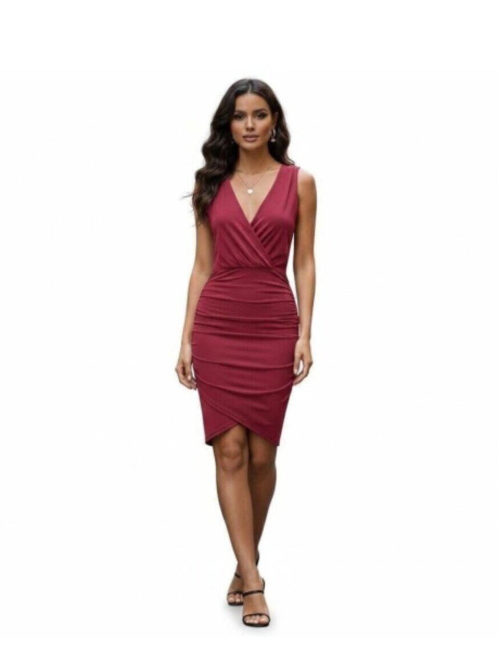 Seven Sisters Burgundy Sleeveless Midi Dress – Stretchy Ruching, 0335
